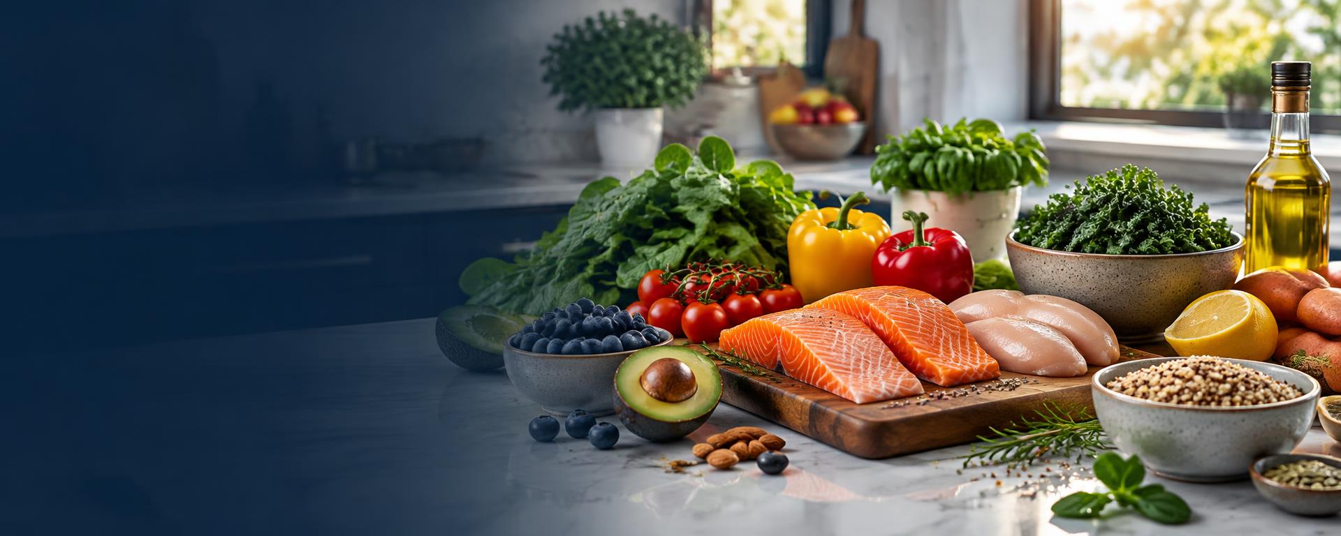 Colorful healthy foods spread on a kitchen counter