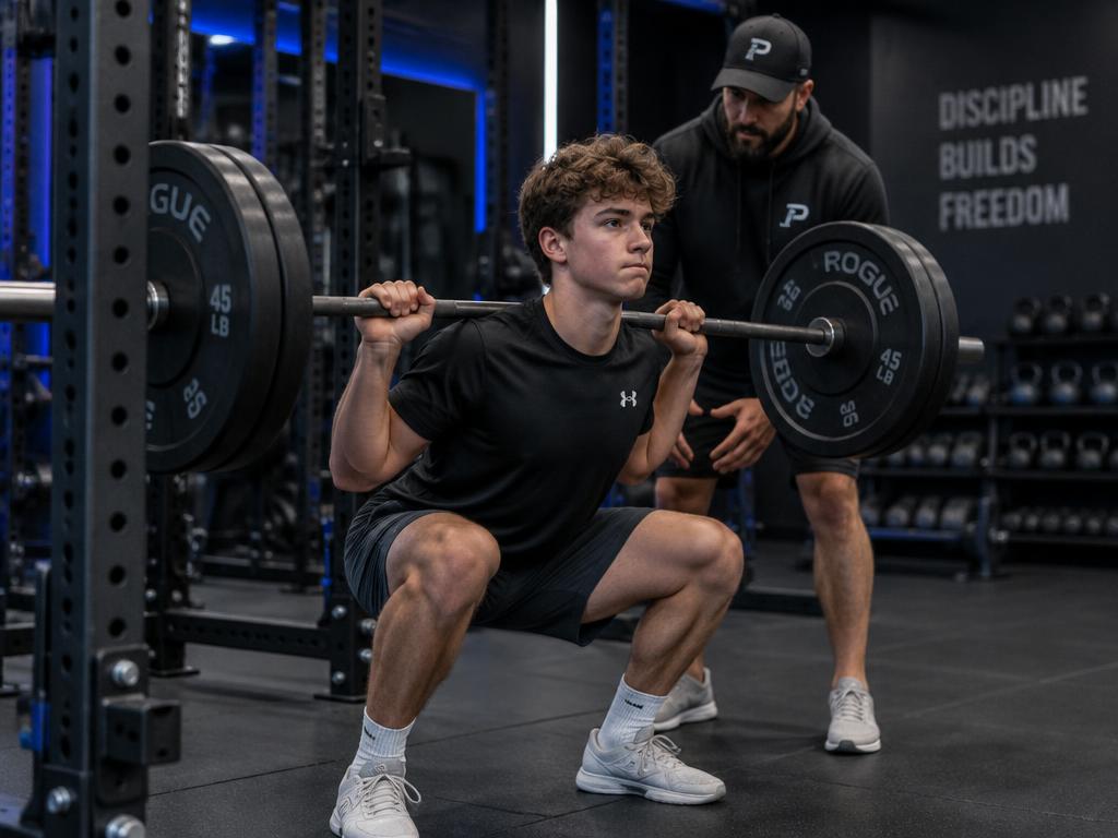 Young athlete doing barbell squats with coach