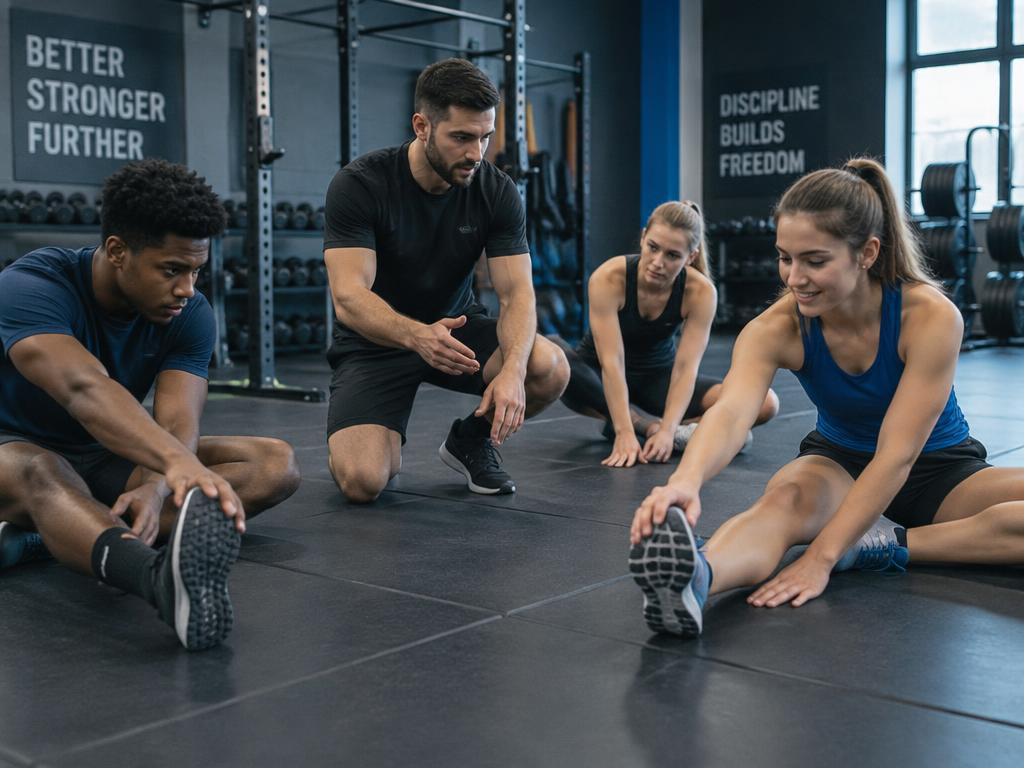 Athletes stretching with a trainer