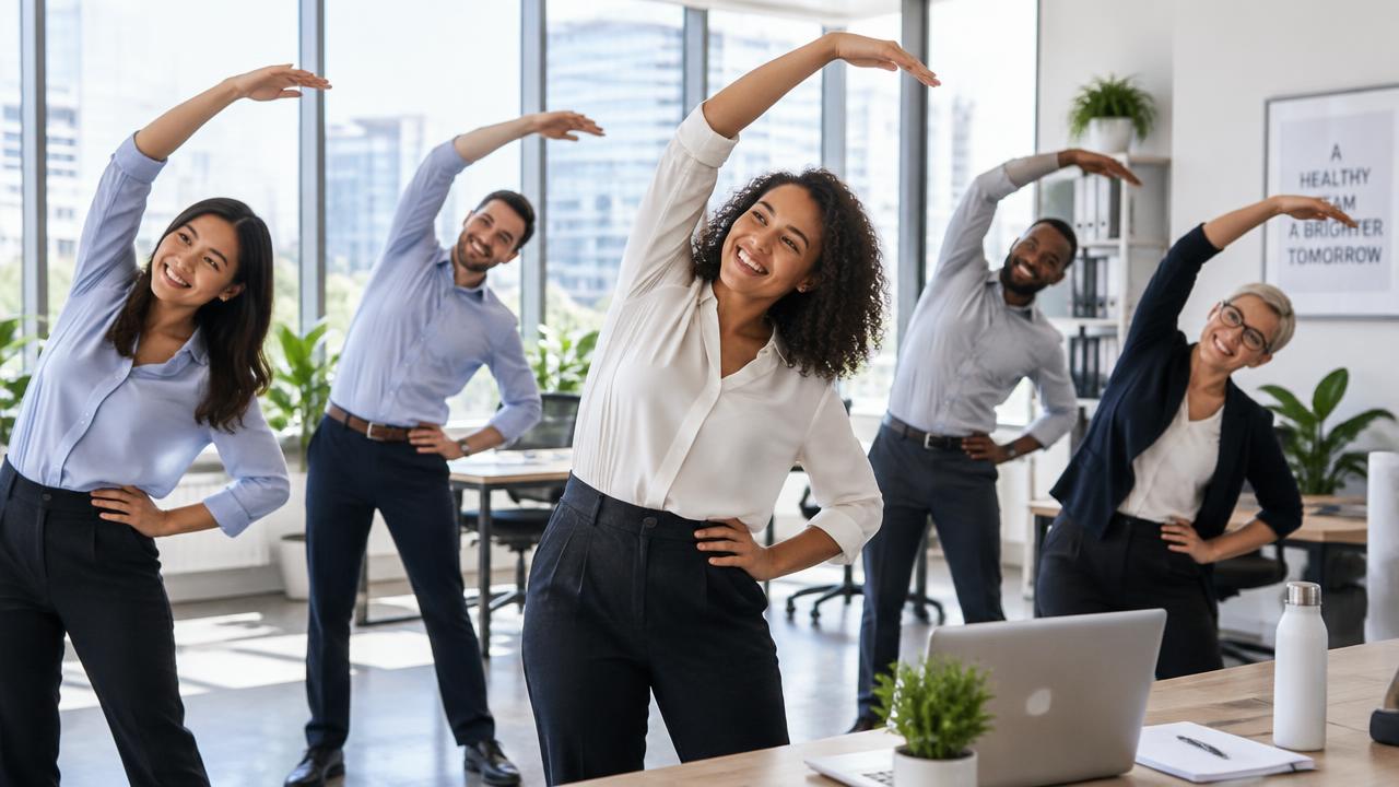 An office team taking a stretching break